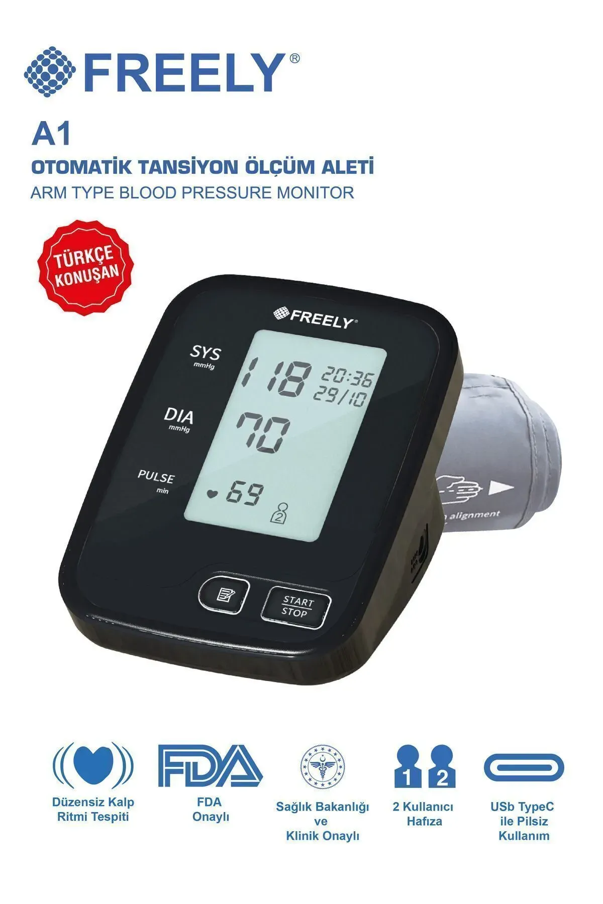 Freely A1 Türkçe Konuşan Otomatik Tansiyon Ölçüm Aleti